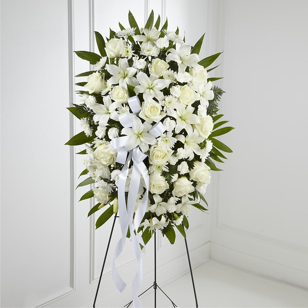 Exquisite Tribute Standing Spray-White Ribbon – Flowers By Pj Inc, Tuckerton NJ
