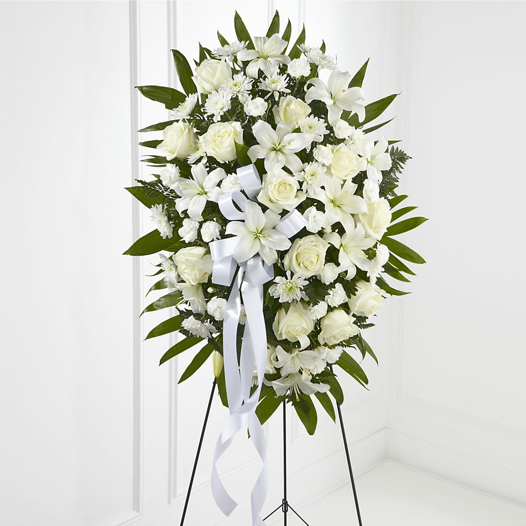 Exquisite Tribute Standing Spray-White Ribbon – Flowers By Pj Inc, Tuckerton NJ